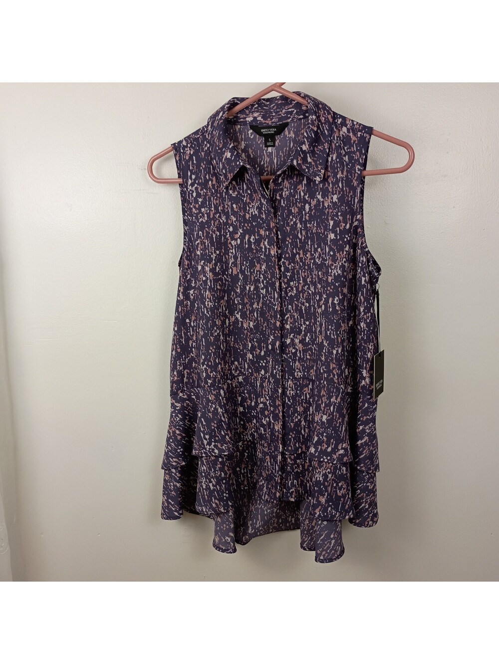NWT Simply Vera Wang Purple Tiered Sleeveless Blouse Top S Ruffled Hi Lo